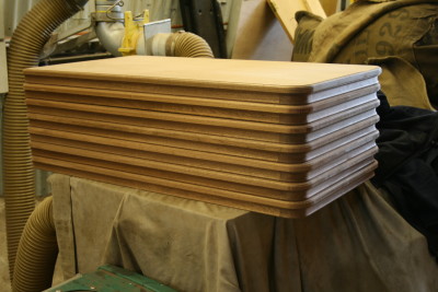 Assembled table tops awaiting stain and varnish